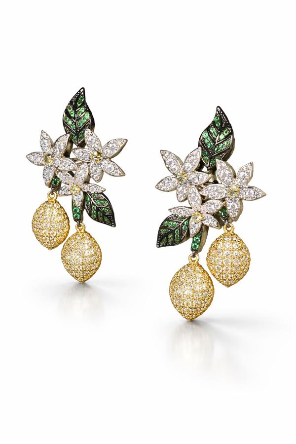 Nancy Kırık Taşlarla Bezeli Limon Dalı Figürlü Parlak Küpe